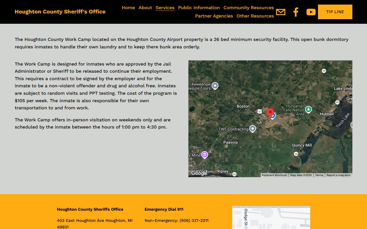 Houghton County Work Camp inmate visitation and address source page